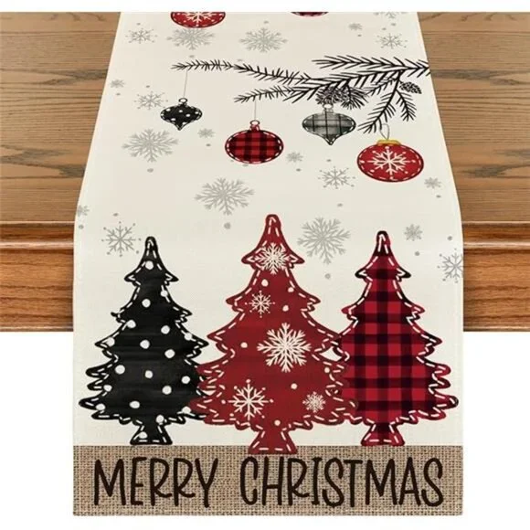 Red Pine Trees Merry Christmas Table Runner, Winter Xmas Holiday - Picture 8 of 8